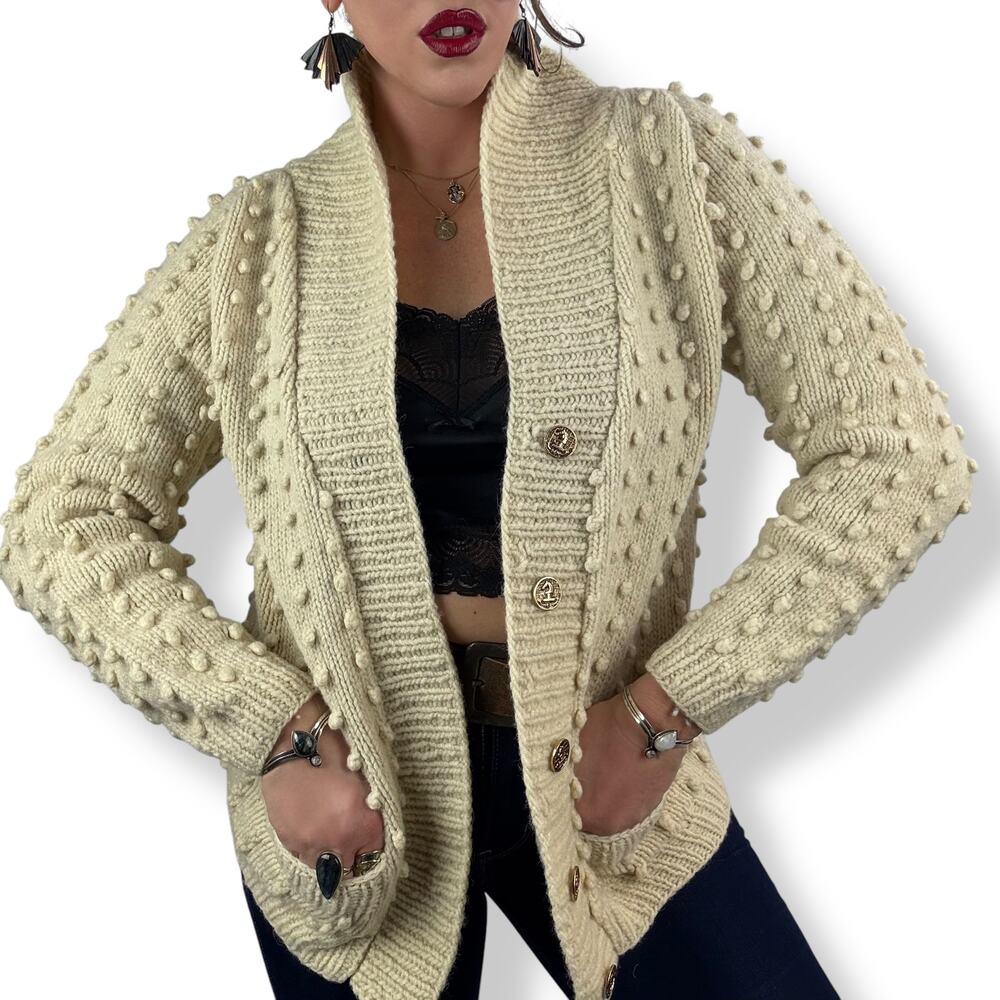 1970's cream pure natural Portuguese wool hand knit open cardigan - Picture 3 of 16